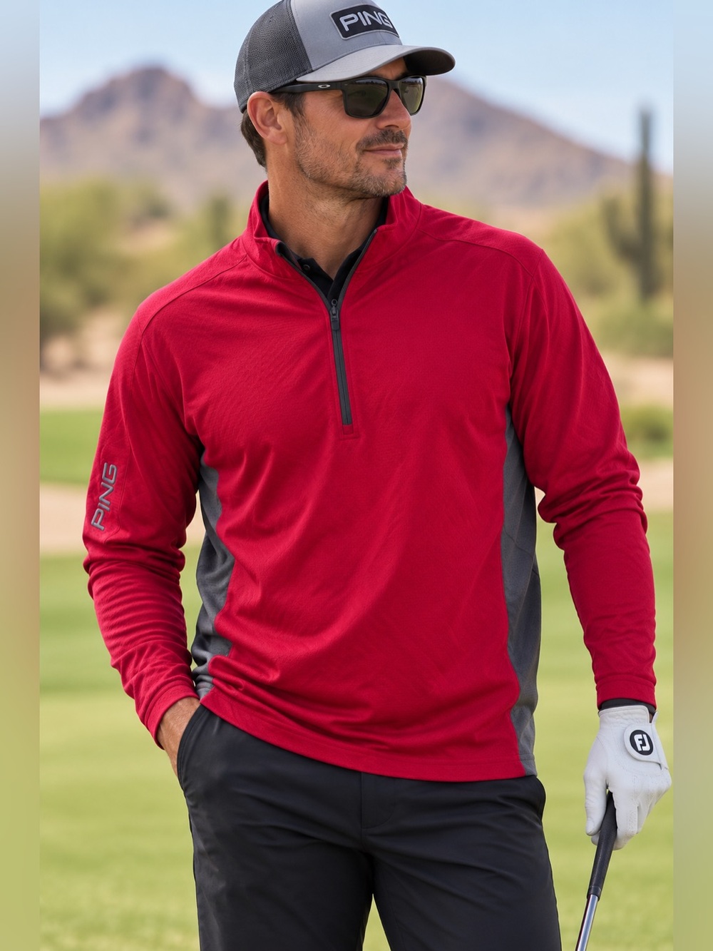 PING Men’s Red and Gray Lightweight Quarter-Zip Golf Jacket